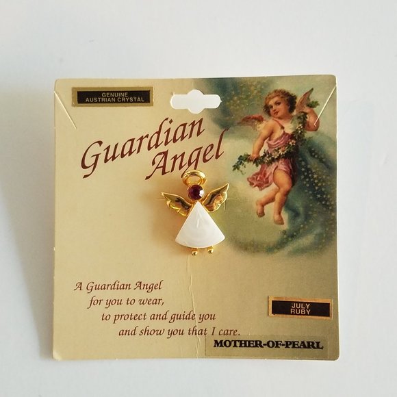 Small Gold Tone Angel Pin Mother Of Pearl & July Ruby Red Crystal - Picture 5 of 7